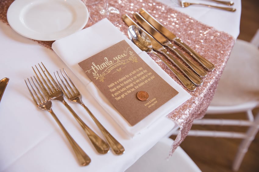 rose gold wedding setting with sequin runners